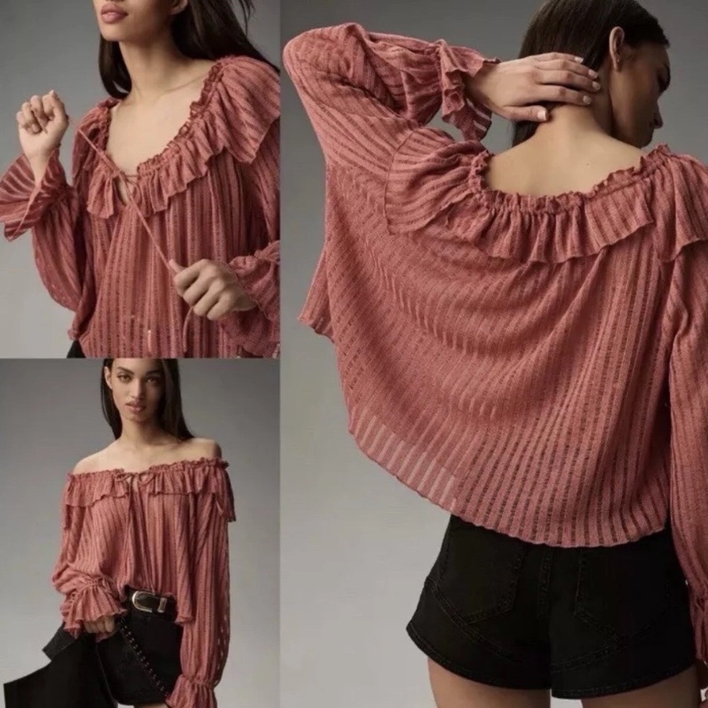 R1 Anthropologie Off Shoulder Ruffle Boho Blouse XS Mauve Pink Peasant Top